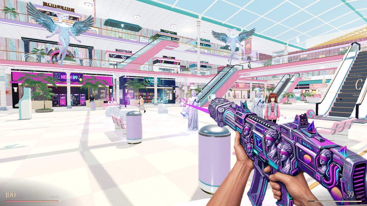 Gameplay: first-person view down the Grand Plaza's pastel concourse, gun raised at a marble statue.